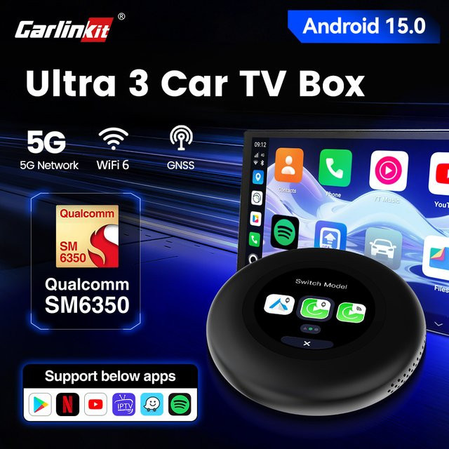 CarlinKit Ultra3 2-in-1 TV-Box Android 15 SM6350 Kabelloser CarPlay und Android Auto Adapter in Schwarz mit Netflix, YouTube, Hulu, IPTV, Bluetooth und Wi-Fi - Bild 1