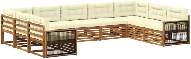vidaXL Outdoor-Sofagarnitur aus Akazie in U-Form, 9-teiliges Set in Natur und Beige mit wetterfesten Kissen - Bild 1