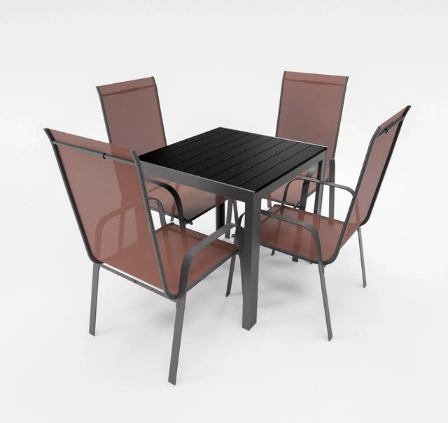 Lex Gartenmöbel Set 5-teilig aus Aluminium und Kunststoff in Schokobraun mit Tisch und 4 Stapelsesseln - Bild 1