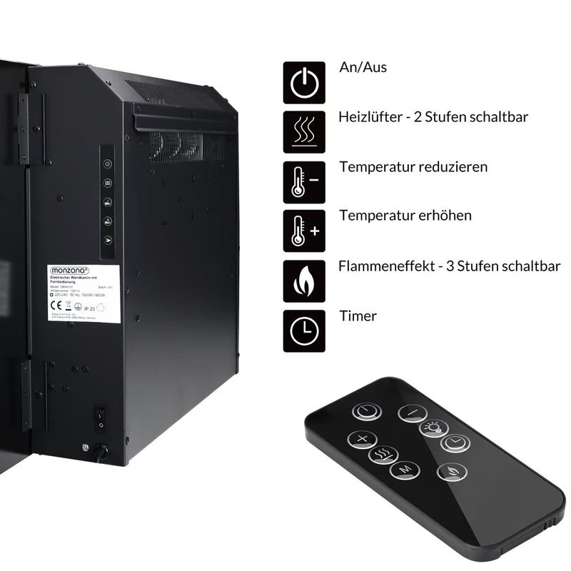 Deuba Elektrischer Wandkamin in Schwarz mit Fernbedienung aus Metall und Glas, B/H/T: 66,0 x 43,0 x 13,5 cm - Bild 2