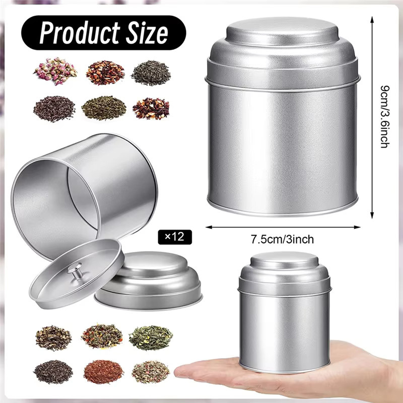 12er Set runde Teedosen aus Metall mit luftdichtem Doppeldeckel, silber, 236 ml pro Dose - Bild 3