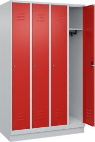 C+P Spind Classic PLUS Garderobenschrank mit Sockel, 4 Abteile, Stahlkonstruktion, Zylinderschloss, 3 Garderobenhaken, Grau/Rot, H x B x T: 195 x 120 x 50 cm - Bild 1