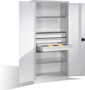 C+P Schwerlastschrank mit Drehtüren, 3 Böden und 3 Schubladen, Farbe Lichtgrau, H x B x T: 195 x 93 x 50 cm - Bild 1