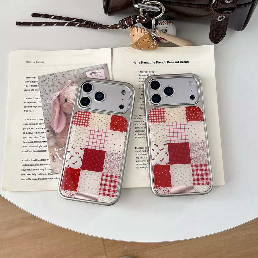 Handyhülle im Retro-Design mit Spleißmuster, Gitter, Blumen und Schleifen für iPhone 17 16 15 14 Pro Max, rot/mehrfarbig - Bild 4