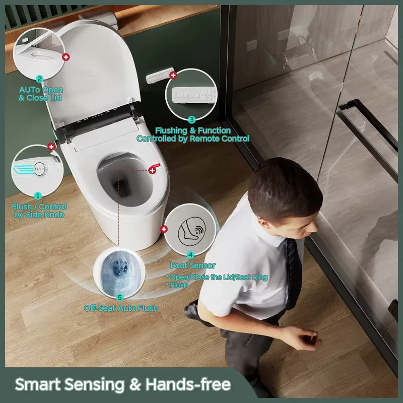 OUCEY Smart-Toilette mit integriertem Bidet und Schaumspender, einteilige Stand-Toilette mit sofortiger Warmwasserfunktion und doppelter automatischer Spülung, Keramik, Weiß oder Schwarz - Bild 2