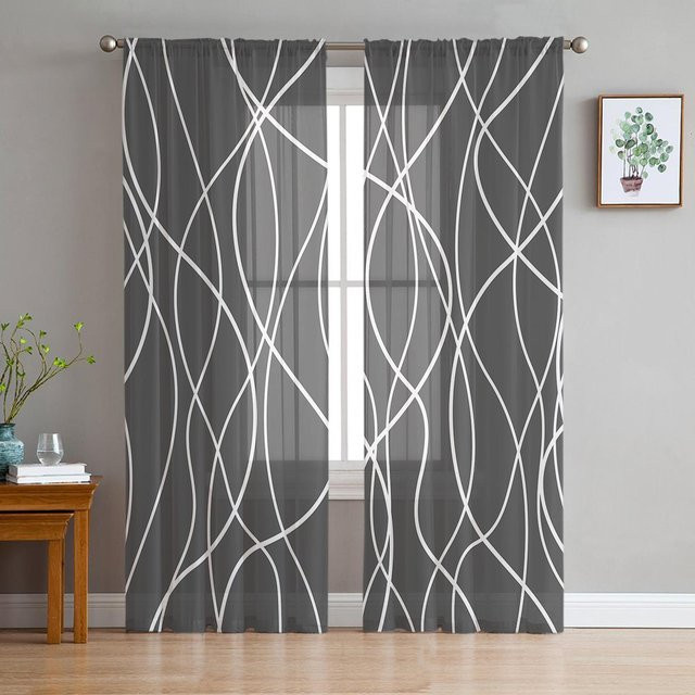 Moderne Kunst Vorhänge mit verdrehten Linien in Grau und Transparent, Tüll Voile Organza Fenstergardinen für Wohnzimmer und Küche, Breite: 135 cm, Höhe: 215 cm - Bild 1