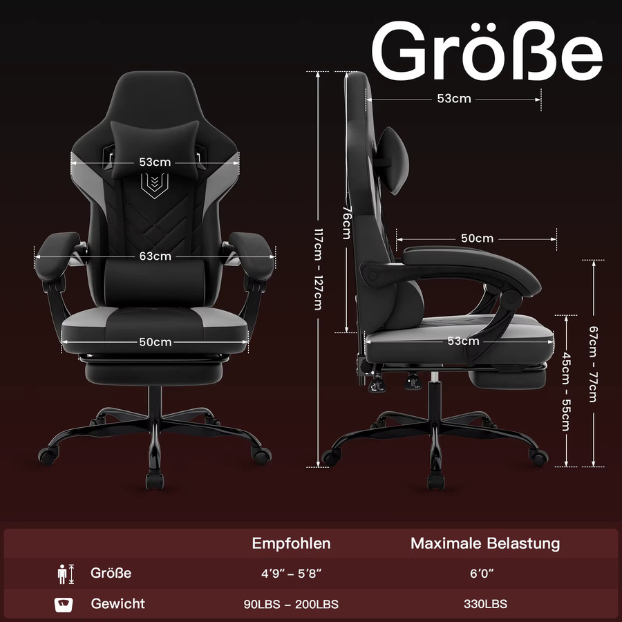 WOTSTA Gaming-Stuhl in Schwarz-Grau, ergonomischer Renncomputerstuhl aus Kunstleder mit Kopfstütze und Armlehnen, höhenverstellbar und 360 Grad drehbar - Bild 2