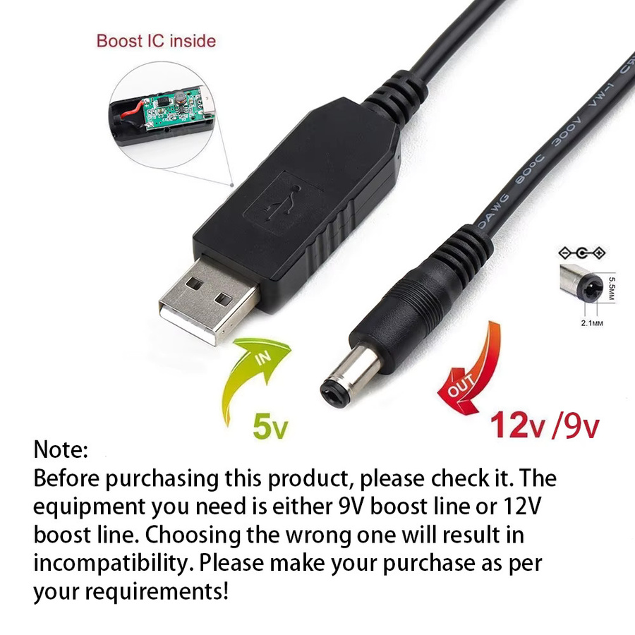 LANO USB zu DC5521 Spannungsverstärkungskabel, USB 5V auf 12V oder 9V Stromwandler für WLAN-Router, Schwarz, Länge: 1 m - Bild 2