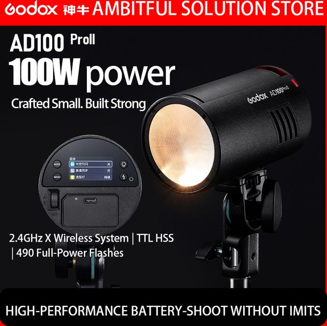 Godox AD100ProII Taschenblitz mit TTL und HSS in Schwarz für Canon, Nikon, Olympus, Sony und Fujifilm - Bild 1