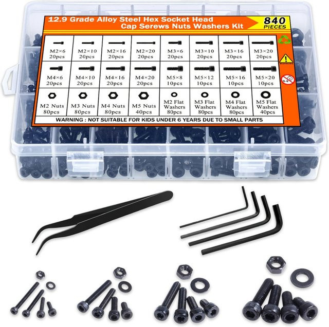 BOVILEVR 840-teiliges Innensechskantschrauben- und Muttern-Set aus legiertem Stahl DIN 912 in Schwarz mit 4 Sechskantschlüsseln und Aufbewahrungsbox - Bild 1