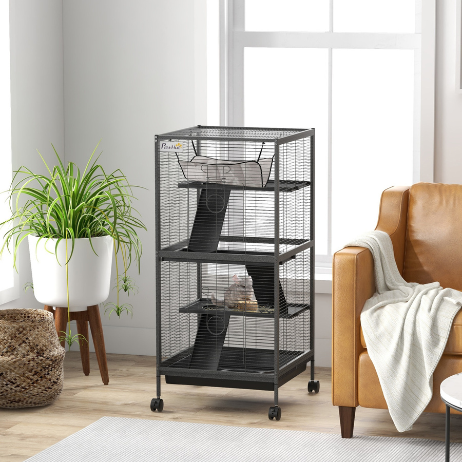 PawHut Kleintierkäfig aus Stahl für Meerschweinchen und Chinchillas mit 3 Etagen, 4 Rädern, Hängematte und herausnehmbarem Tablett, Anthrazit, B/T/H: 52 x 52 x 113,5 cm - Bild 2