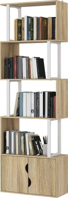 HOMCOM Bücherregal mit 5 Ebenen in S-Form und doppelter Schranktür, Aufbewahrungsregal für Wohnzimmer, Schlafzimmer oder Büro, Naturholzoptik Braun, B: 60 cm, T: 23,835 cm, H: 179,2 cm - Bild 1