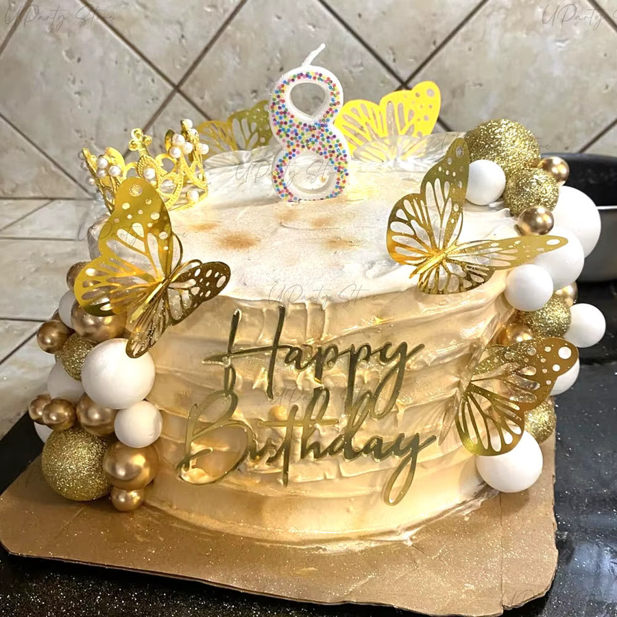 MicroPlush Goldene Kuchenaufsätze mit Kronen, Schmetterlingen und Tiara aus Acryl für deine Geburtstagsparty - Bild 3