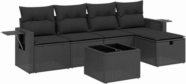 vidaXL 6-tlg Garten-Sofagarnitur aus Poly-Rattan mit Kissen und Glastisch in Schwarz - Bild 1