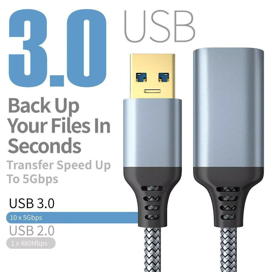 USB 3.0 Verlängerungskabel Stecker auf Buchse in Grau, 1,8 m, geflochtenes Hochgeschwindigkeits-Datenübertragungskabel für Tastatur, Maus und Flash-Laufwerke - Bild 3