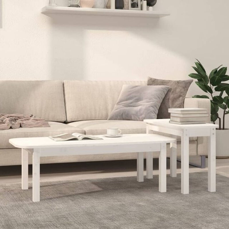 Vidaxl 2-tlg. Couchtisch-Set aus Massivholz Kiefer in Weiß im skandinavischen Design, rechteckig - Bild 1