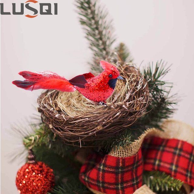 LUSQI 6er Set rote Feder-Vögel mit Pailletten als wasserdichte Weihnachtsbaum-Dekoration für Garten und Terrasse - Bild 1