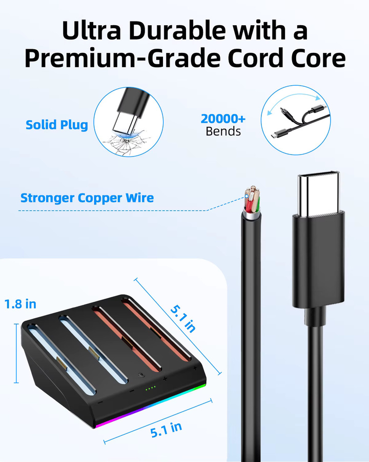 aolion Ladestation und Dockingstation für Nintendo Switch 2 inklusive Ladekabel und Controller-Ladegerät mit Kontrollleuchte in Schwarz oder Blau - Bild 5