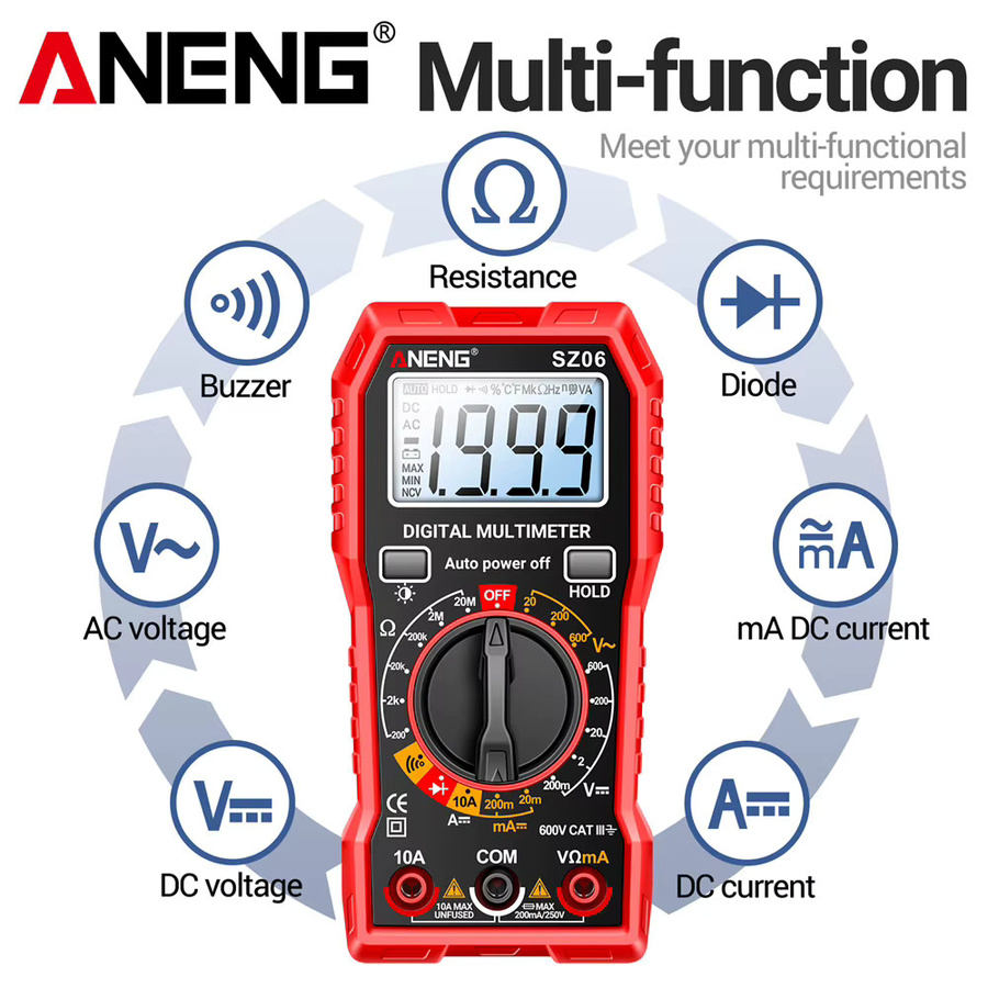 ANENG SZ06 Digital-Multimeter AC/DC Amperemeter in Rot mit 1999 Counts, Voltmeter und Multitester bis 600 V zur Messung von Spannung, Widerstand und Dioden - Bild 4