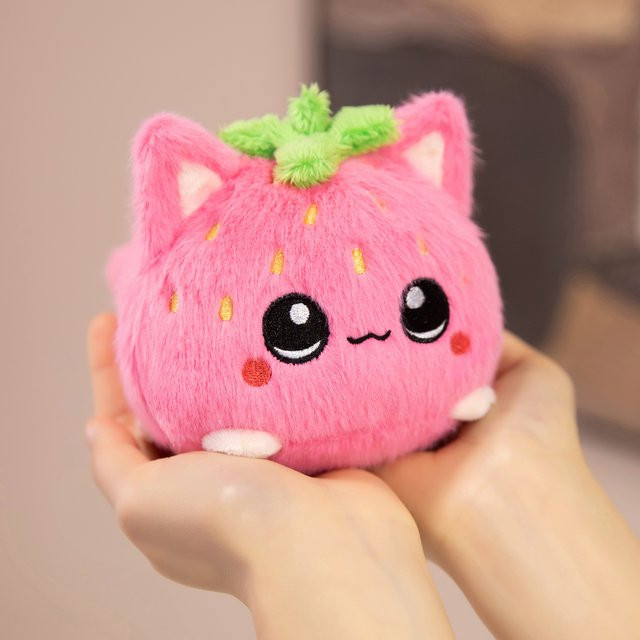 Erdbeere Katze Plüsch Stofftier, Kissen Puppe, Rot, Rosa / Pink - Bild 1