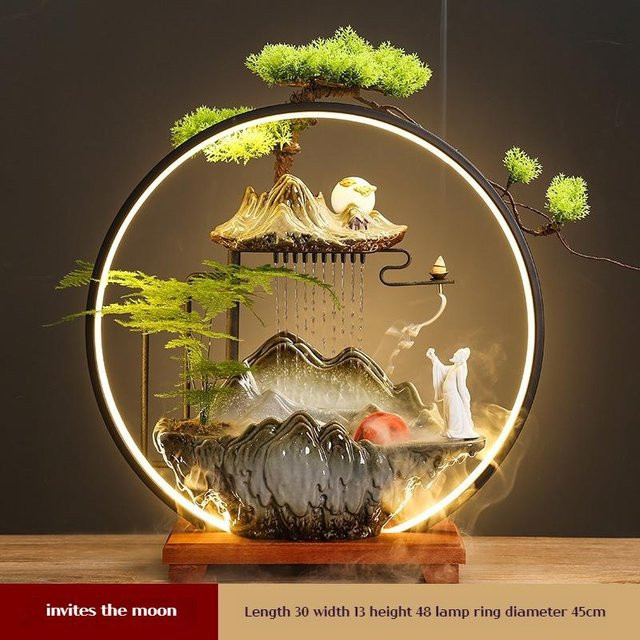 Chinesisches Wasserornament mit zirkulierendem Wasserregenvorhang und Rückfluss-Räucherkegel in Antik-Optik, Multicolour, mit LED-Licht aus Metall und Keramik - Bild 1
