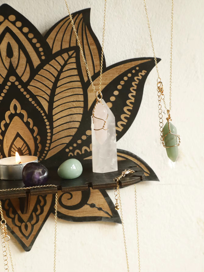 Artilady Lotus Kristall Wandregal aus Holz in Schwarz, Boho Schwimmendes Regal für Wohnzimmer, Schlafzimmer und Büro - Bild 3