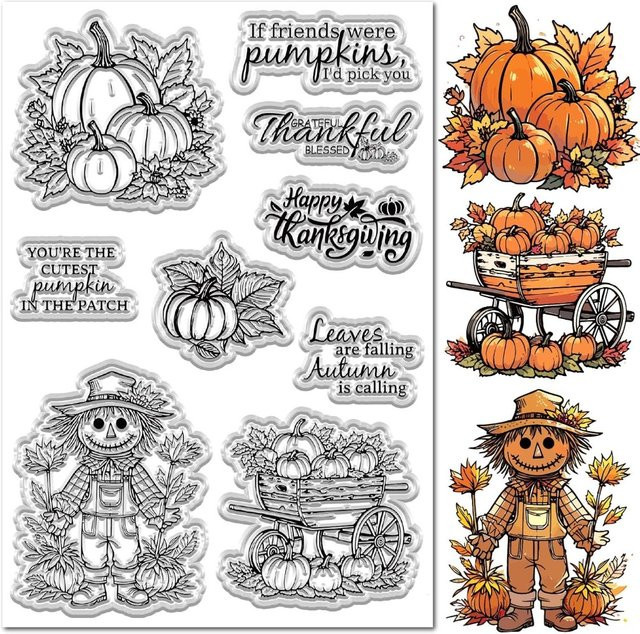 Wiederverwendbarer Gummistempel mit Herbst-Motiven wie Kürbis und Vogelscheuche in Multicolour - Bild 1