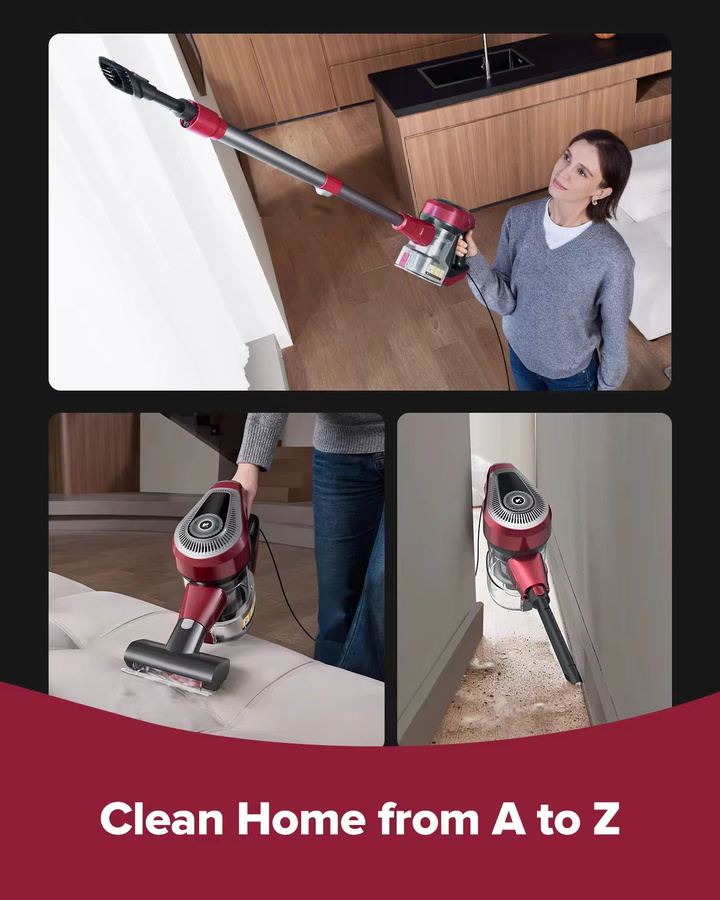 Vactidy C8 Kabelgebundener Staubsauger in Rot mit 600W Turbomotor, 60kPa Saugkraft, 1,5l Staubbehälter und V-förmiger Bürste - Bild 6