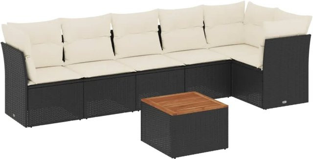 vidaXL 7-tlg Garten-Sofagarnitur aus Poly-Rattan und Akazienholz in Schwarz mit cremeweißen Kissen - Bild 1