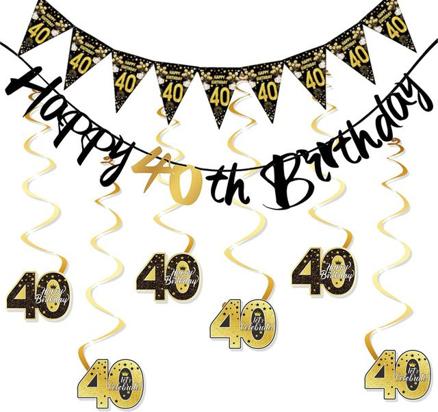 PartiesTour Geburtstag Dekoration zum 40. Geburtstag mit Wirbel-Luftschlangen und Banner in Schwarz-Gold - Bild 1