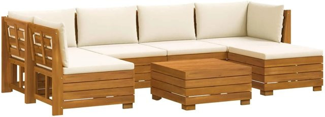 vidaXL Outdoor-Sofagarnitur aus Massivholz Akazie in Braun mit 7 Teilen und Kissen in Cremeweiß - Bild 1