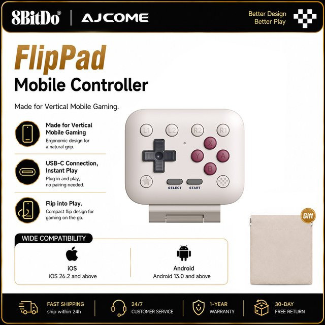 8BitDo FlipPad USB-C Mobile Game Controller für iPhone und Android, vertikaler Gaming-Gamepad in Weiß - Bild 1