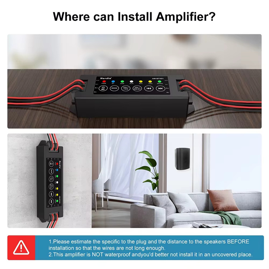 Herdio 4-Kanal Slim Bluetooth-Verstärker mit TWS, AUX, MIC und USB in Schwarz für passive Wand- und Deckenlautsprecher inklusive 24V 3A Netzteil - Bild 2