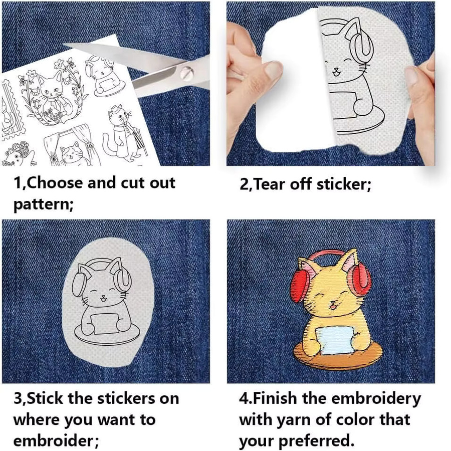 4-Blatt-Stickstabilisator für Katzen – Wasserlösliches selbstklebendes Papier mit Katzen-Designs für deine DIY-Nähprojekte - Bild 2