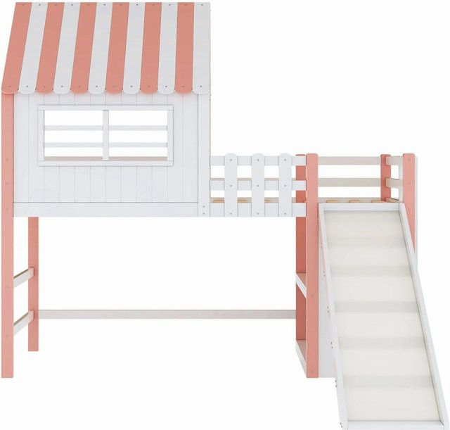 Merax Kinderhochbett aus Massivholz mit Rutsche und Seitenfächern in Rosa, B/T/H: 200 x 90 x 120 cm - Bild 1