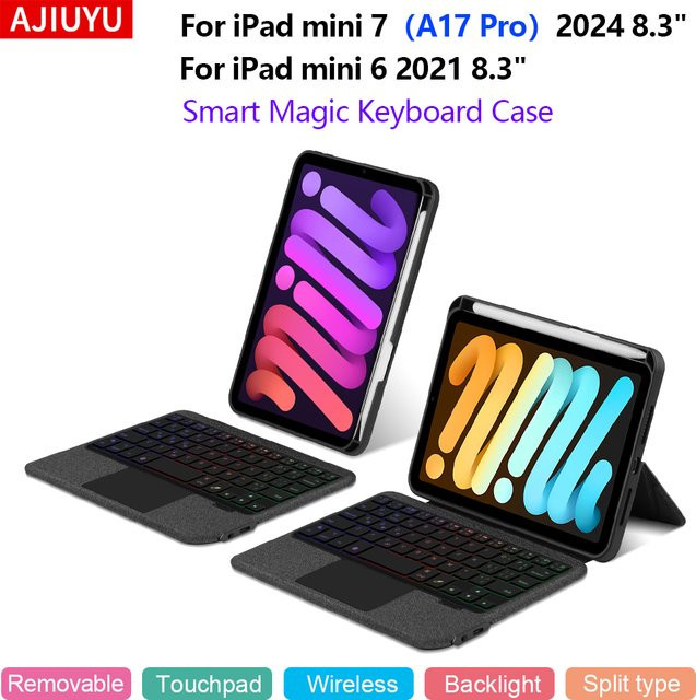 AJIUYU TouchPad-Tastaturhülle mit Hintergrundbeleuchtung für iPad Mini 7 A17 Pro 2024 und iPad Mini 6 8,3 Zoll, abnehmbares Smart Cover, Schwarz - Bild 1