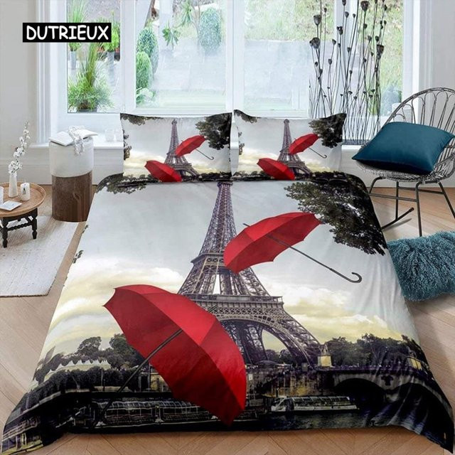 Paris Bettwäsche Kollektion Vintage Eiffelturm und Roter Regenschirm aus Mikrofaser, B/H: 135 x 200 cm - Bild 1