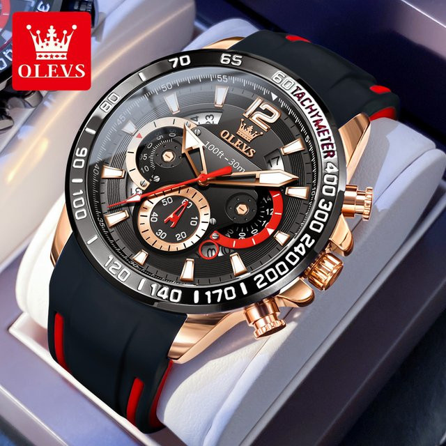 OLEVS Chronographenuhr, Quarz, Edelstahl, Kautschukarmband, Schwarz, Herren - Bild 1