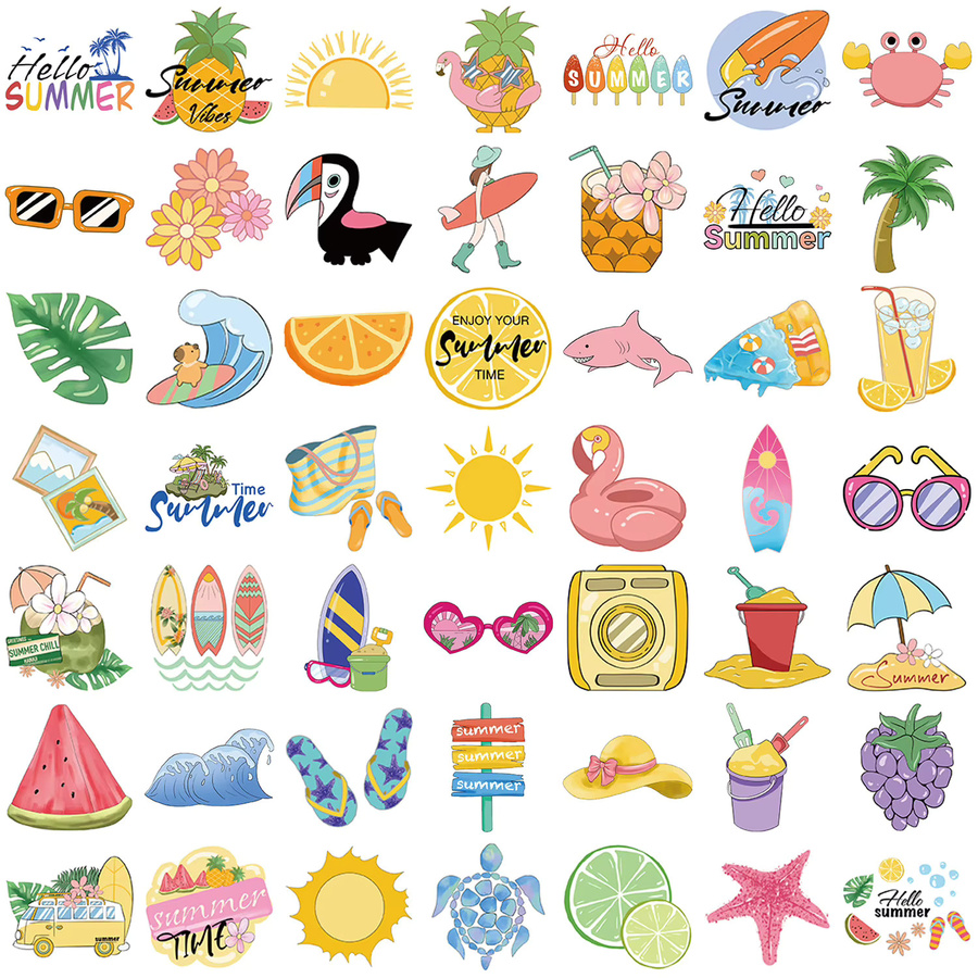 Summer Chill Vibes Doodle-Aufkleber Set mit Cartoon-Motiven in Multicolour für Notebook, Gitarre, Helm und Schreibwaren - Bild 1