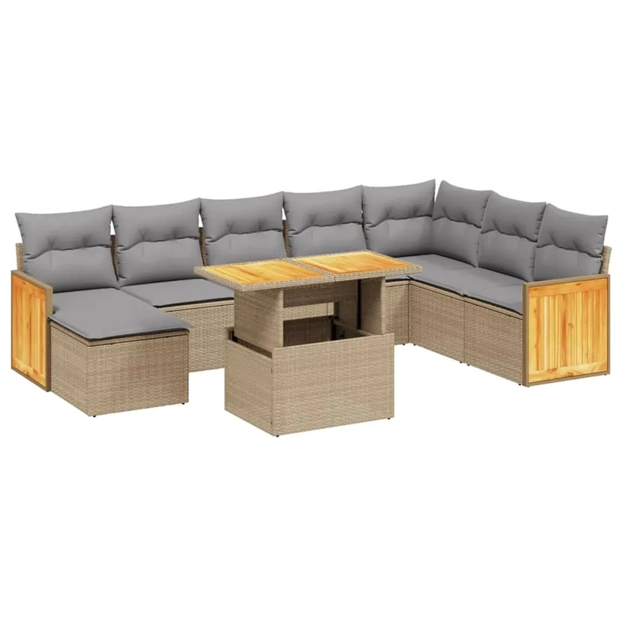 vidaXL 9-tlg. Garten-Sofagarnitur in U-Form aus Poly-Rattan und Akazienholz mit Kissen in Beige - Bild 2