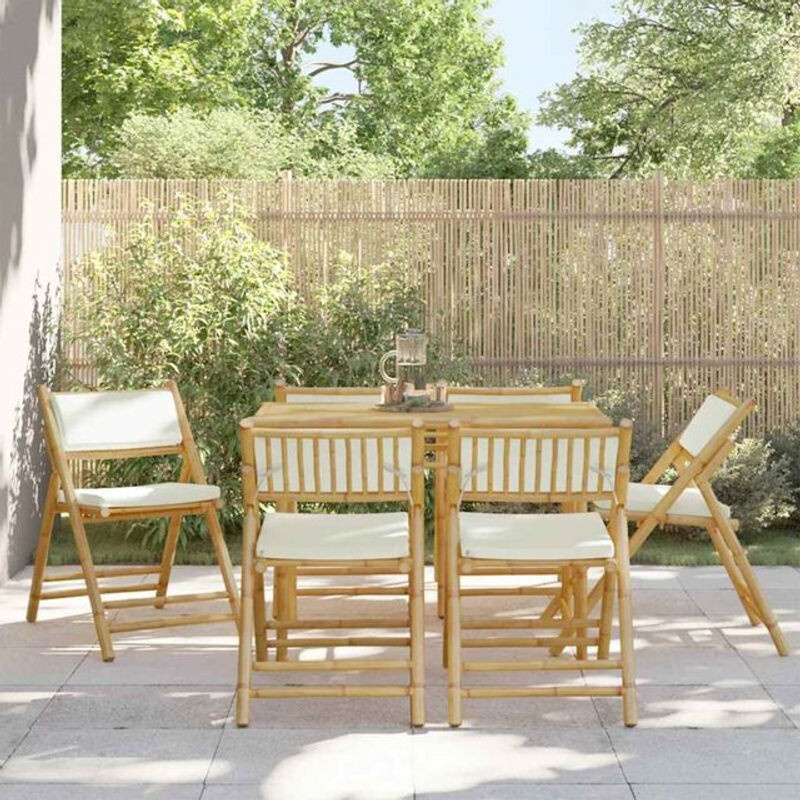 Vidaxl 6er Set Klappbare Bistrostühle aus Bambus mit Polsterkissen in Beige und Weiß - Bild 1