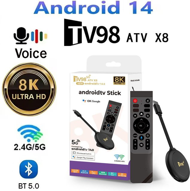CLIBABIQBOX TV98 ATV X8 TV-Stick mit Android 14, Allwinner H313 Quad-Core, 4K UHD, Dual-WLAN 2.4/5G, Bluetooth 5.0 und Sprachfernbedienung in Schwarz - Bild 1