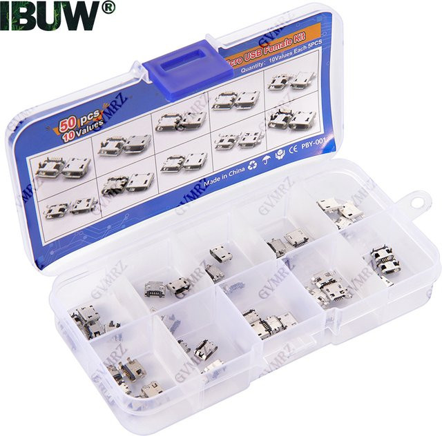 50-teiliges Micro-USB-Buchsen-Set in Silber mit 10 Werten für Elektronik-DIY- und Reparaturprojekte - Bild 1