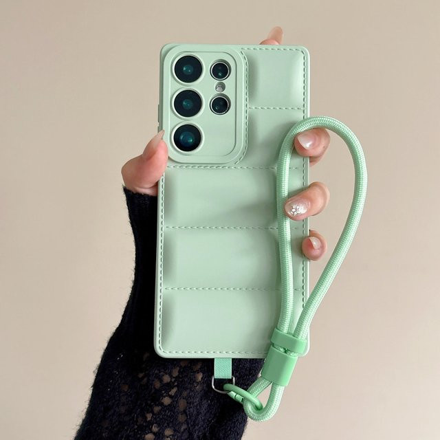 Daunenjacke Handyhülle mit Handgelenkband und Lanyard für Samsung Galaxy S26 S25 S24 S23 S22 Ultra Plus FE A56 A36 A16 A06 A35 A55 A54 A34 A17 A07 in Grün - Bild 1
