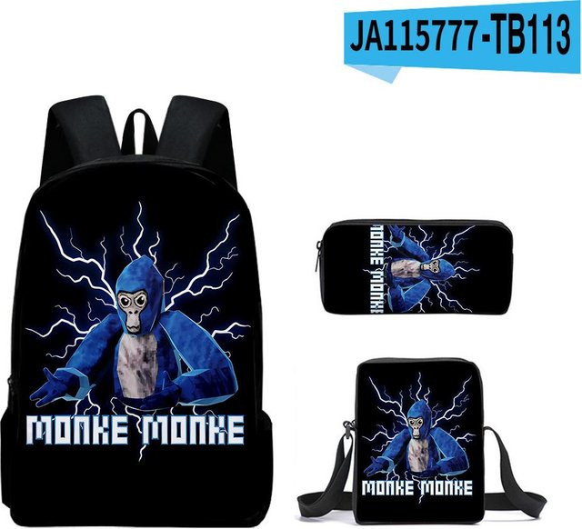3er Set Schultaschen für Kinder mit 3D Gorilla Tag Motiv inklusive Rucksack, Umhängetasche und Federmäppchen in Blau von Fancy Style Studio - Bild 1