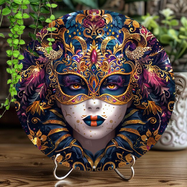 Potdemiel Vintage Karneval Damenmaske Wandkunst aus Metall, rund, Blau und Gold, Durchmesser: 20,32 cm - Bild 1