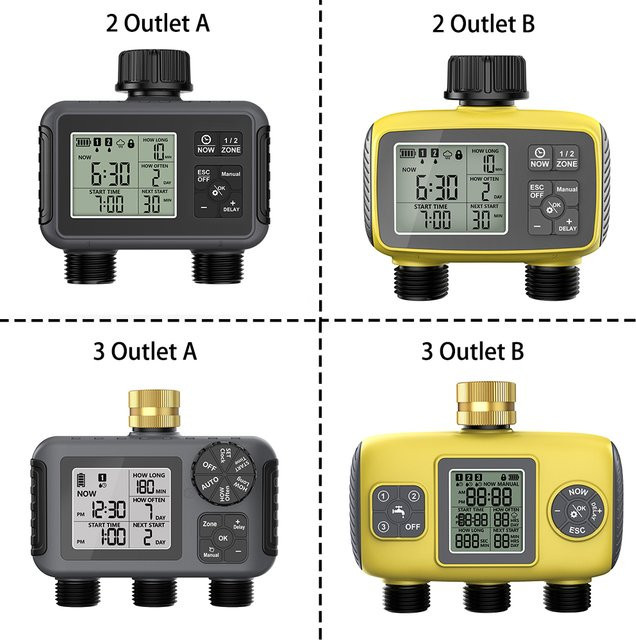 JUANJUAN Automatischer Bewässerungs-Timer mit Regenverzögerung und 1/2/3 Ausgängen, programmierbarer Wasserhahn-Controller für Garten und Rasen, Schwarz - Bild 1