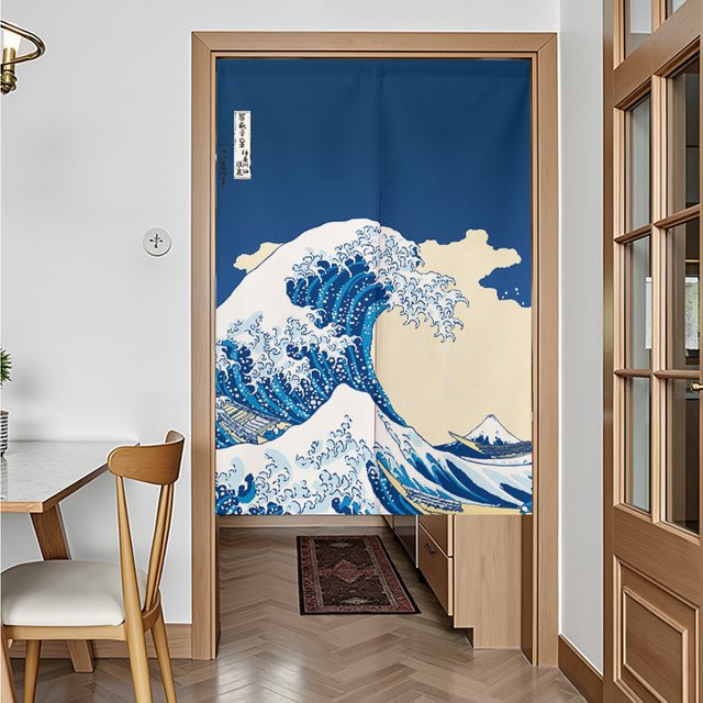 VIKAMA Ukiyo-E Wellen Noren-Vorhang Japanischer Trennvorhang für Küche und Schlafzimmer mit Naturmotiv - Bild 1