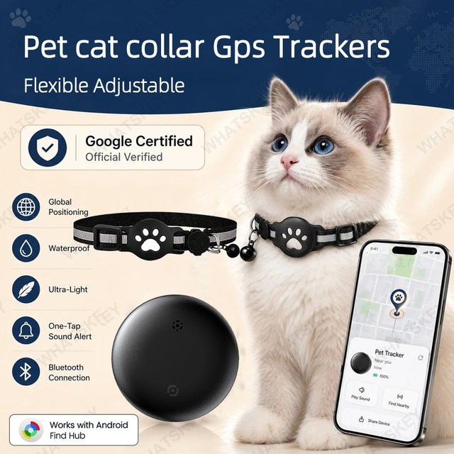 Peocke Verstellbares Haustier-Halsband mit GPS-Tracker für Google Find My und Android, Bluetooth Anti-Verlust-Tag in Schwarz - Bild 1