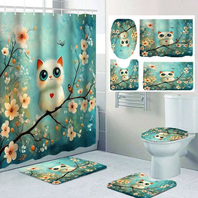 Geometrisches Eulen-Badezimmer-Set mit Duschvorhang, Badematte und Toilettendeckel-Bezug - Bild 1